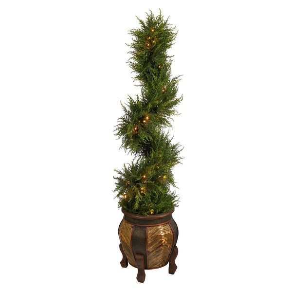 4.5’ Spiral Cypress Artificial Tree in Decorative Planter with 80 Clear LED Lights (Indoor/Outdoor)