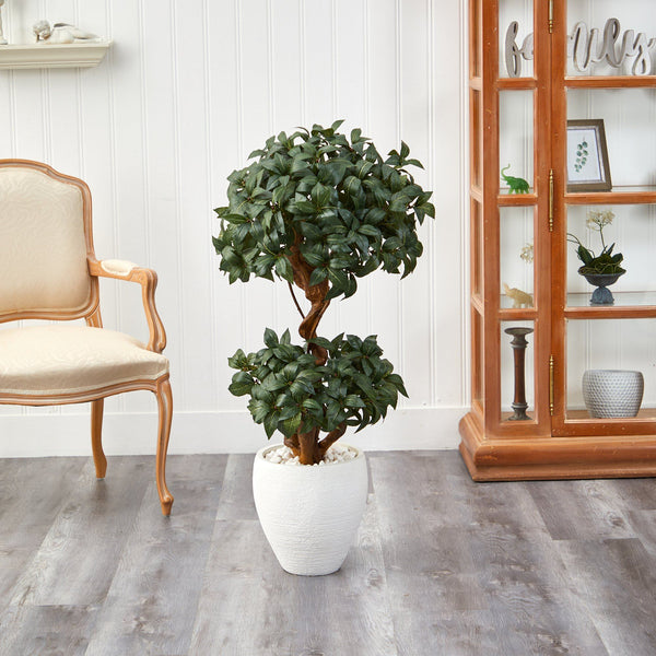 45” Sweet Bay Double Ball Topiary Artificial Tree in White Planter