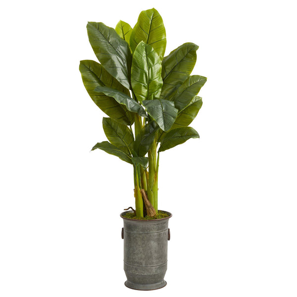 4.5’ Triple Stalk Artificial Banana Tree in Vintage Metal Planter (Real Touch)