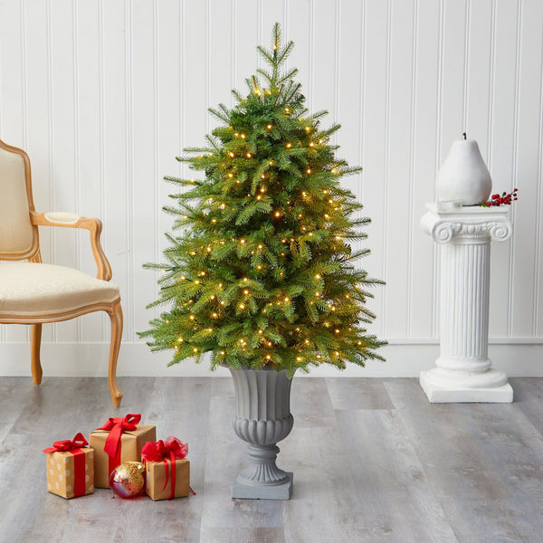 4.5’ Vancouver Fir “Natural Look” Artificial Christmas Tree with 250 Clear LED Lights and 814 Bendable Branches in Decorative Planter
