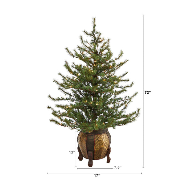 4.5’ Vancouver Mountain Pine Artificial Christmas Tree with 100 Clear Lights and 374 Bendable Branches in Decorative Planter