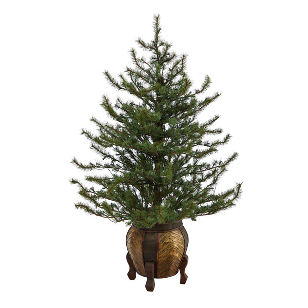 4.5’ Vancouver Mountain Pine Artificial Christmas Tree with 100 Clear Lights and 374 Bendable Branches in Decorative Planter