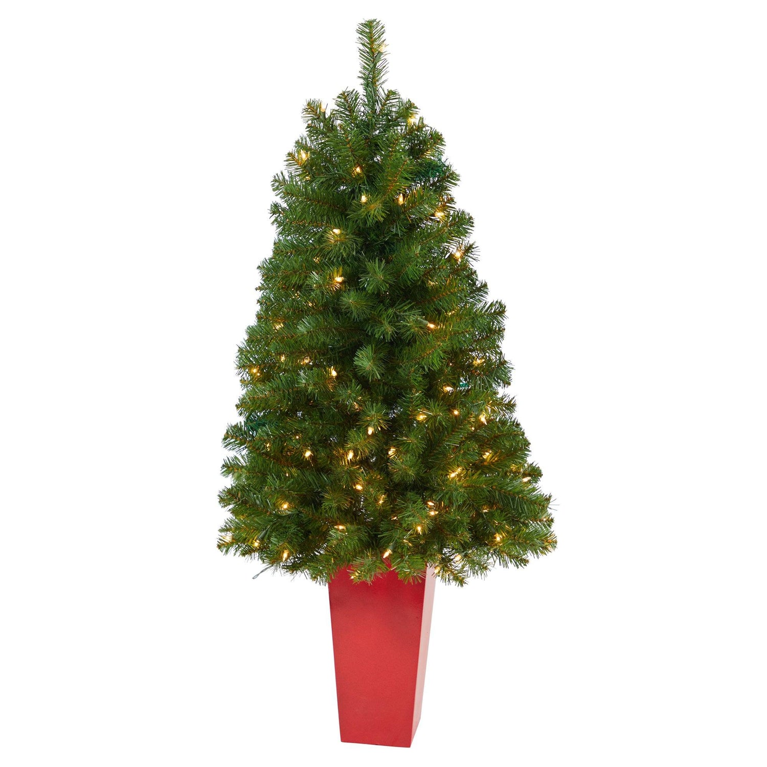 4.5’ Virginia Fir Artificial Christmas Tree with 100 Clear Lights and 223 Bendable Branches in Red Planter