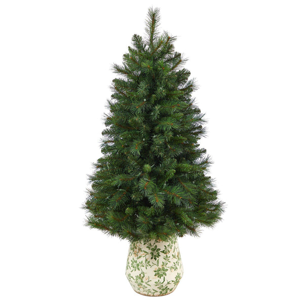 4.5’ West Virginia Mountain Pine Artificial Christmas Tree with 100 Clear Lights and 322 Bendable Branches in Floral Print Planter
