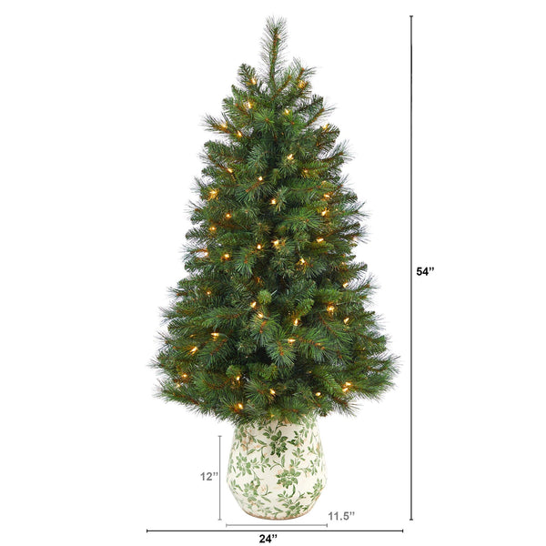 4.5’ West Virginia Mountain Pine Artificial Christmas Tree with 100 Clear Lights and 322 Bendable Branches in Floral Print Planter