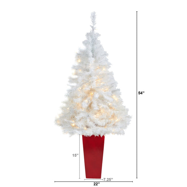 4.5' White Artificial Christmas Tree with 100 Clear LED Lights in Red Planter