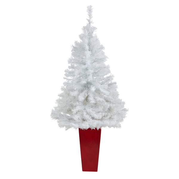 4.5' White Artificial Christmas Tree with 100 Clear LED Lights in Red Planter