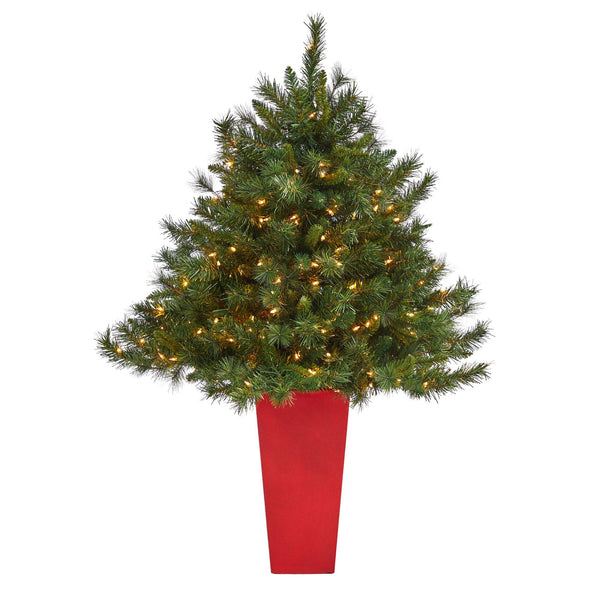4.5’ Wyoming Mixed Pine Artificial Christmas Tree with 250 Clear Lights and 462 Bendable Branches in Red Tower Planter