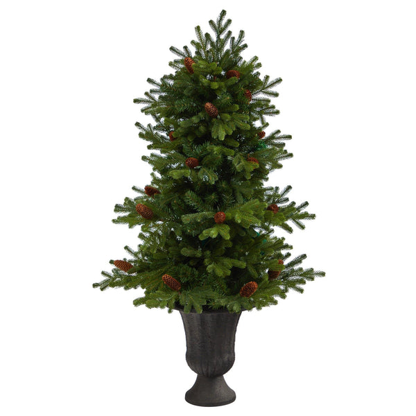 4.5’ Yukon Mountain Fir Artificial Christmas Tree with 100 Clear Lights, Pine Cones and 386 Bendable Branches in Charcoal Planter