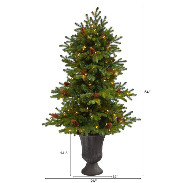 4.5’ Yukon Mountain Fir Artificial Christmas Tree with 100 Clear Lights, Pine Cones and 386 Bendable Branches in Charcoal Planter