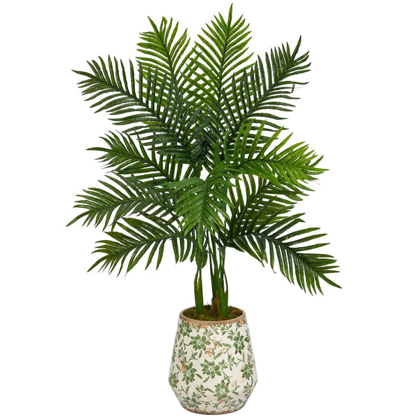 46” Areca Palm Artificial Tree in Floral Print Planter (Real Touch)