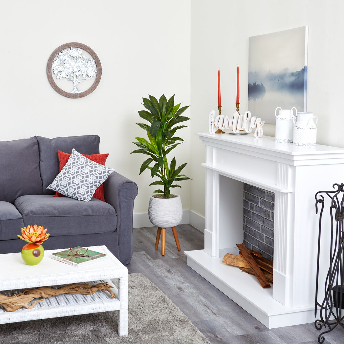 indoor artificial plant with stand 46” Dracaena Artificial Plant in White Planter with Stand (Real Touch)