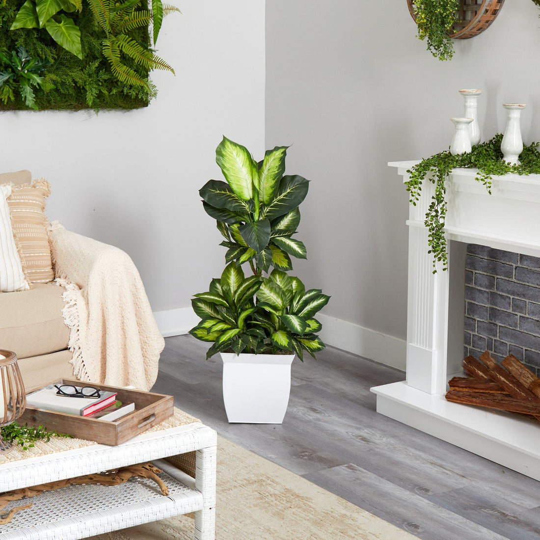 artificial dieffenbachia floor plant 46” Golden Dieffenbachia Artificial Plant in White Metal Planter