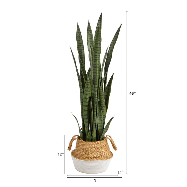 46” Sansevieria Artificial Plant in Boho Chic Handmade Cotton & Jute White Woven Planter