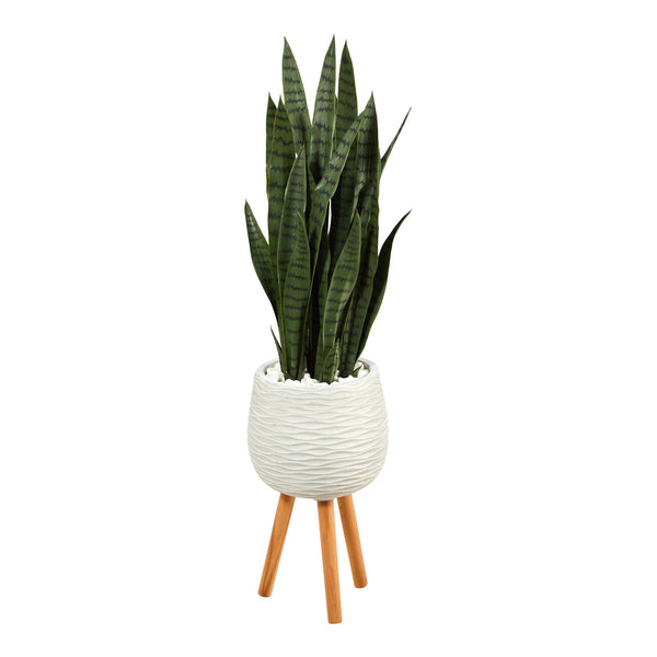 46” Sansevieria Artificial Plant in White Planter with Stand