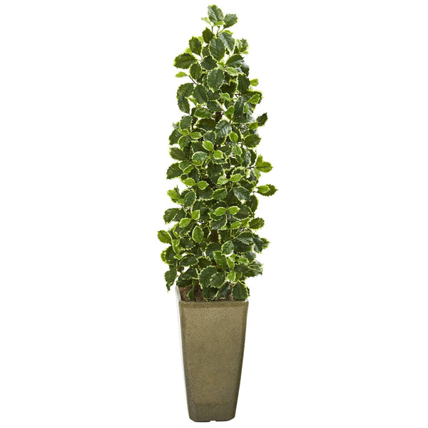 47” Variegated Holly Leaf Artificial Tree in Green Planter (Real Touch)