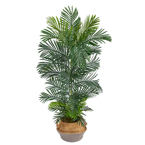5’ Areca Palm Tree in Boho Chic Handmade Cotton & Jute Gray Woven Planter UV Resistant
