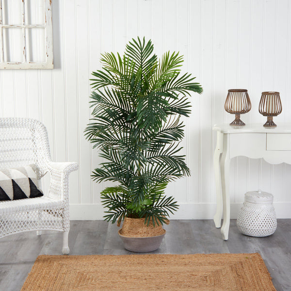 5’ Areca Palm Tree in Boho Chic Handmade Cotton & Jute Gray Woven Planter UV Resistant