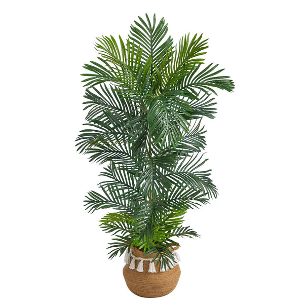 5’ Areca Palm Tree in Boho Chic Handmade Natural Cotton Woven Planter with Tassels UV Resistant