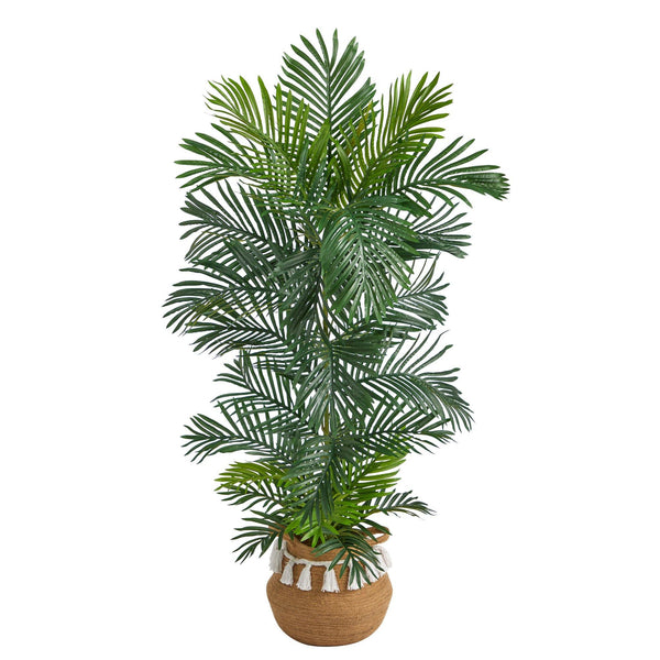 5’ Areca Palm Tree in Boho Chic Handmade Natural Cotton Woven Planter with Tassels UV Resistant