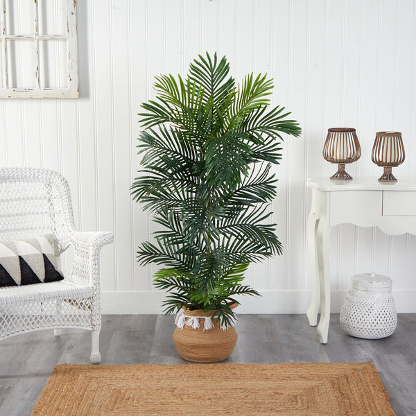 5’ Areca Palm Tree in Boho Chic Handmade Natural Cotton Woven Planter with Tassels UV Resistant