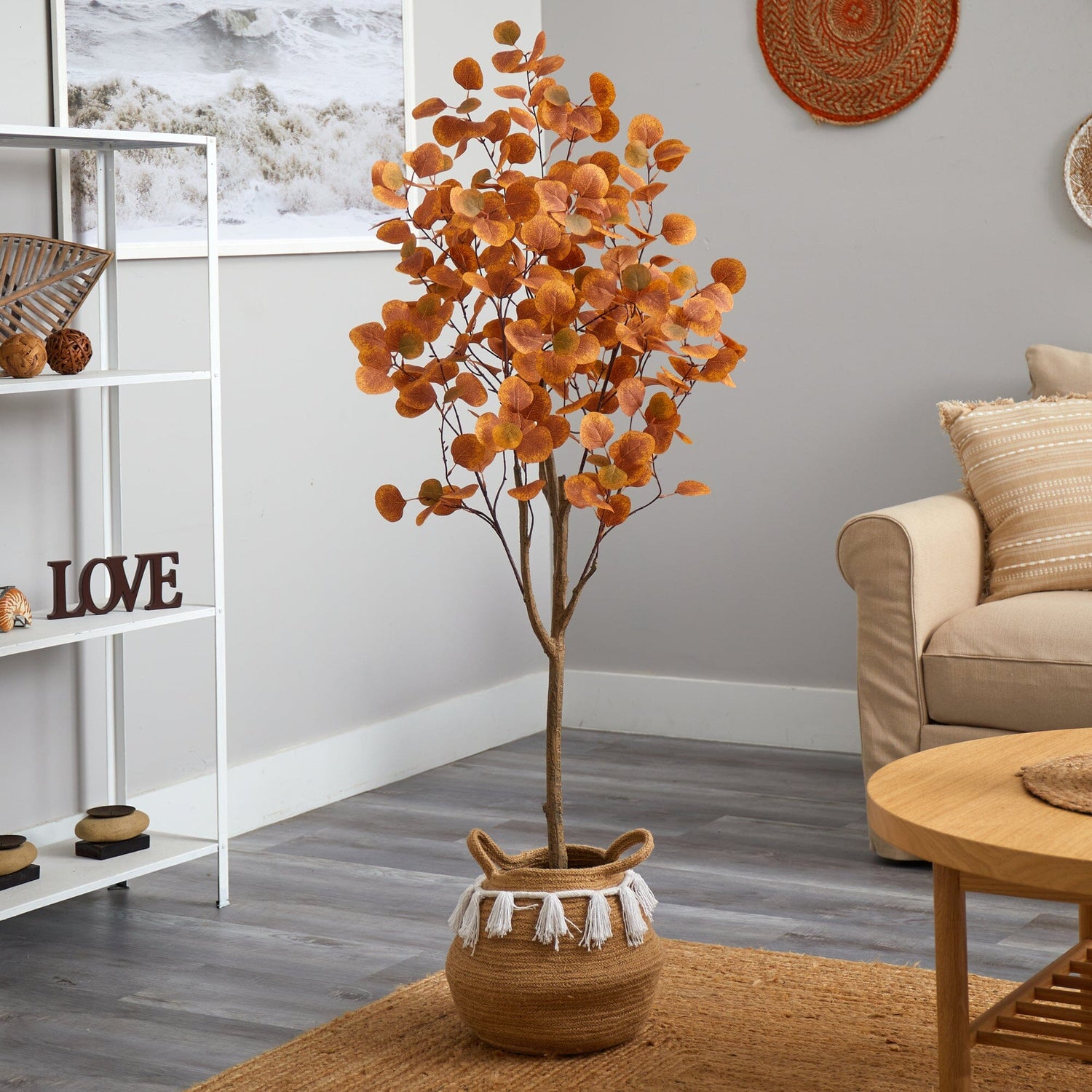 5’ Artificial Autumn Eucalyptus Tree with Handmade Jute & Cotton Basket with Tassels