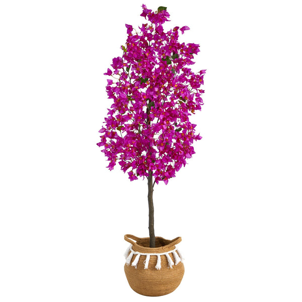 5’ Artificial Bougainvillea Tree with Handmade Jute & Cotton Basket with Tassels