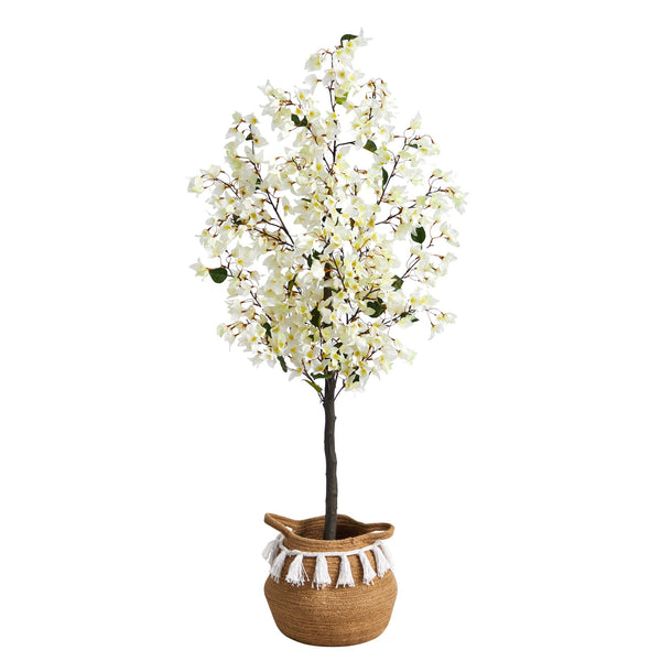 5’ Artificial Bougainvillea Tree with Handmade Jute & Cotton Basket with Tassels