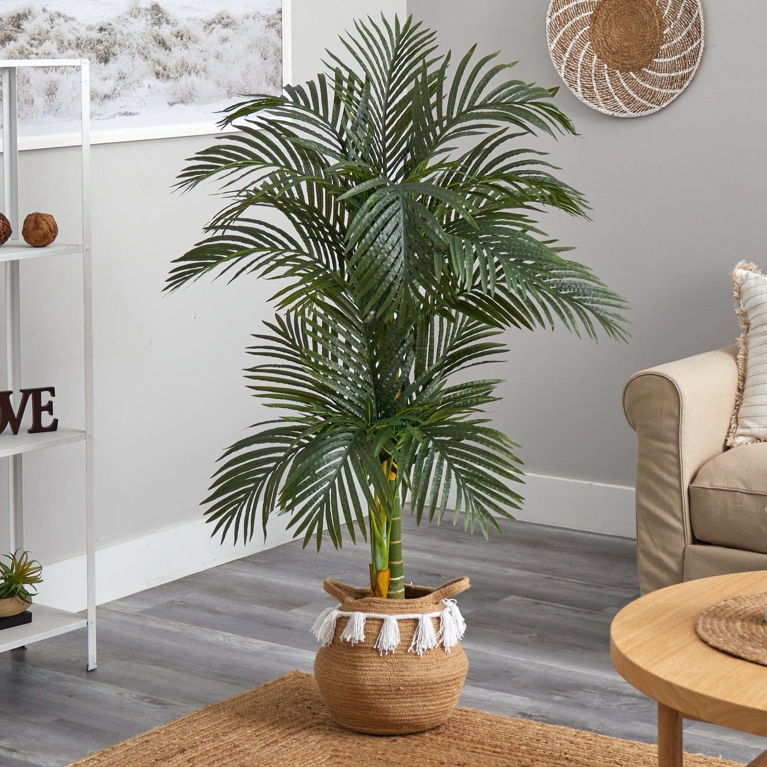5’ Artificial Double Stalk Golden Cane Palm Tree with Handmade Woven Cotton Basket