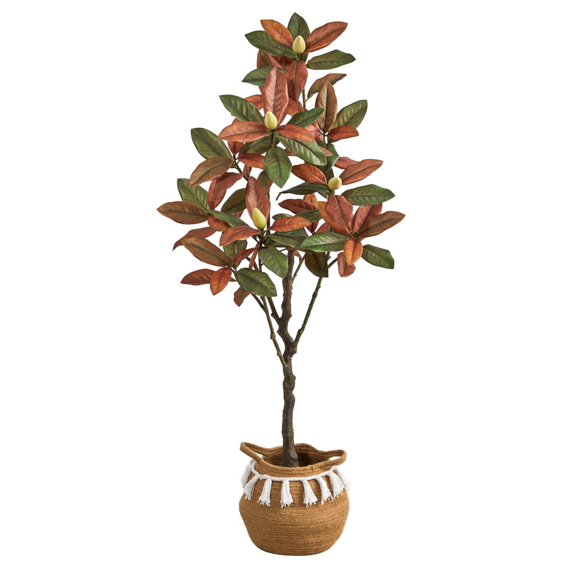 magnolia house plant 5’ Artificial Fall Magnolia Tree with Handmade Jute & Cotton Basket with  Tassels