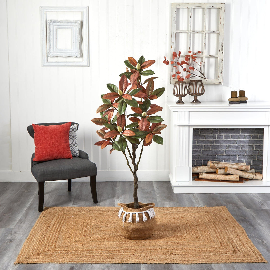 magnolia hanging plant Nearly Natural 5ft. Artificial Fall Magnolia Tree with Handmade Jute & Cotton Basket with Tassels