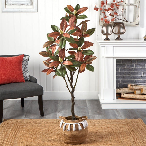 5’ Artificial Fall Magnolia Tree with  Handmade Jute & Cotton Basket with Tassels