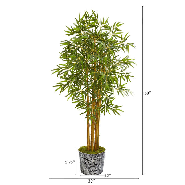 5’ Bamboo Artificial Tree in Black Embossed Tin Planter