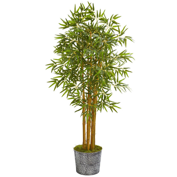 5’ Bamboo Artificial Tree in Black Embossed Tin Planter