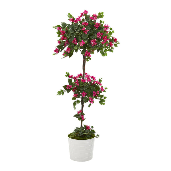 5’ Bougainvillea Artificial Topiary Tree in White Tin Planter