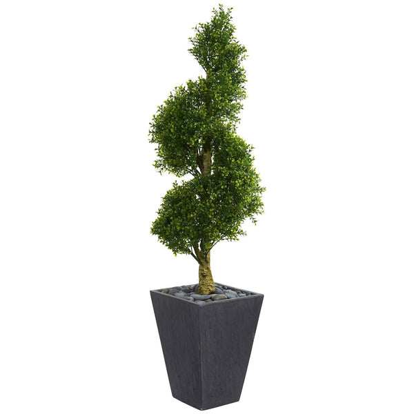 5’ Boxwood Spiral Topiary Artificial Tree in Slate Planter (Indoor/Outdoor)