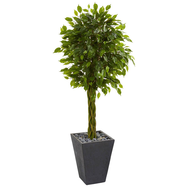 5’ Braided Ficus Artificial Tree in Slate Planter(Indoor/Outdoor)