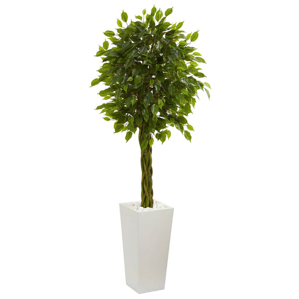 5’ Braided Ficus Artificial Tree in White Tower Planter UV Resistant (Indoor/Outdoor)