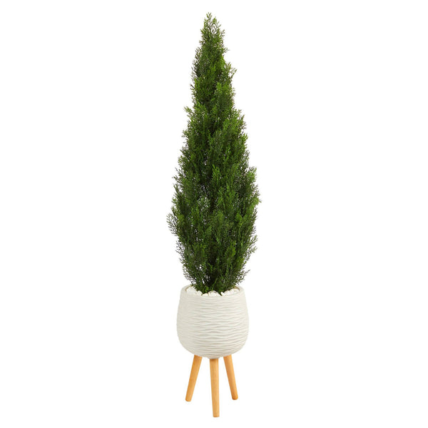 5' Cedar Artificial Tree in White Planter with Stand (Indoor/Outdoor)