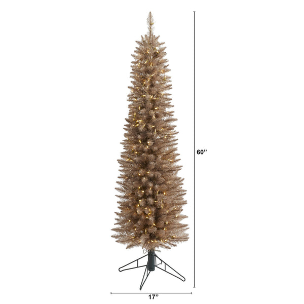5’ Champagne Pencil Artificial Christmas Tree with 250 (multifunction) Clear LED Lights and 438 Bendable Branches