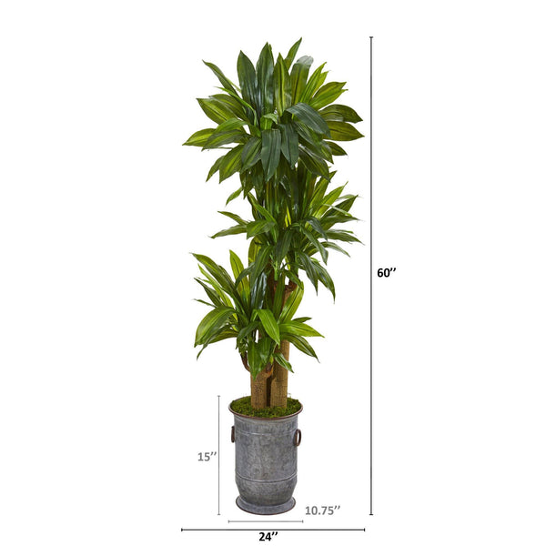 5’ Corn Stalk Dracaena Artificial Plant in Vintage Metal Planter (Real Touch)