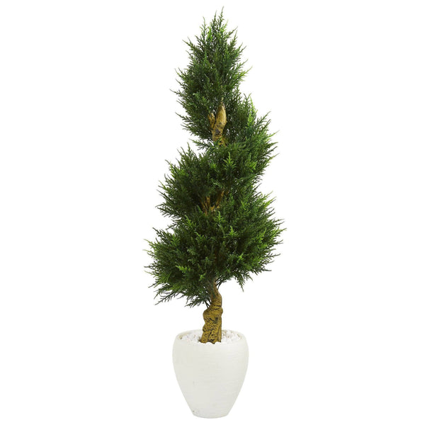 5’ Cypress Spiral Artificial Tree in White Oval Planter (Indoor/Outdoor)