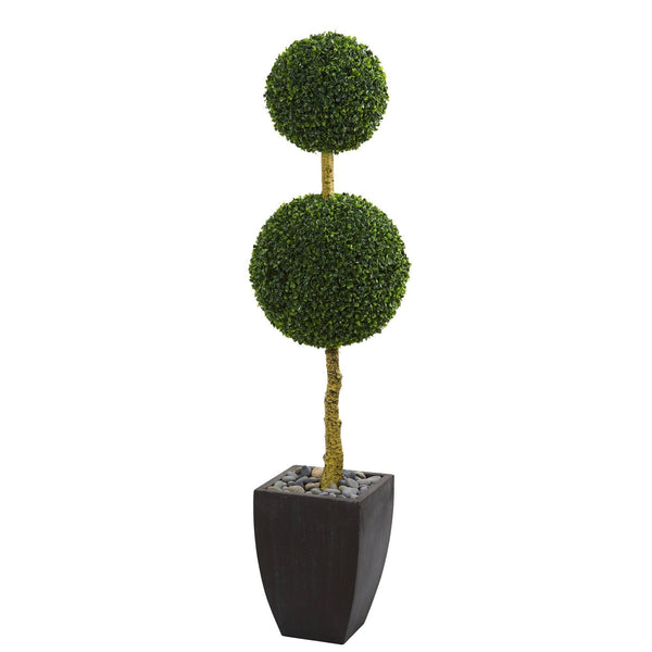 5’ Double Ball Boxwood Topiary Artificial Tree in Black Wash Planter (Indoor/Outdoor)