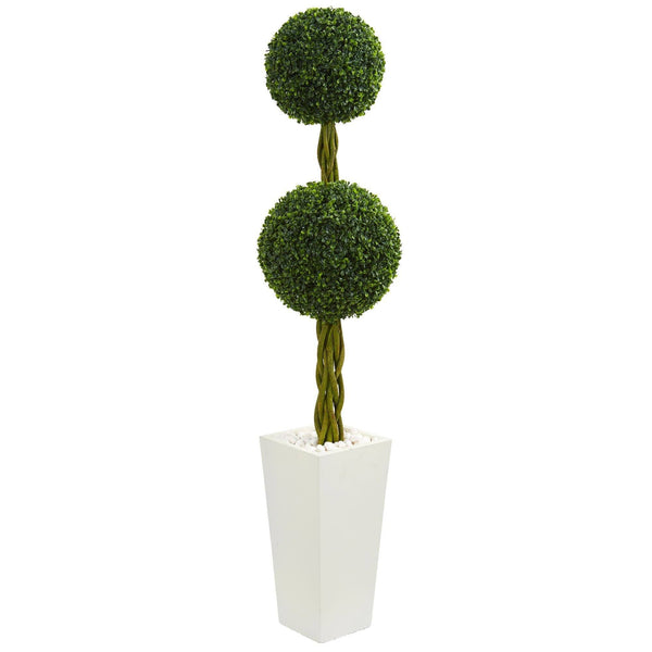 5’ Double Ball Boxwood Topiary Artificial Tree in White Tower Planter (Indoor/Outdoor)