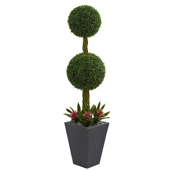 5’ Double Boxwood Ball Topiary Artificial Tree in Slate Planter (Indoor/Outdoor)