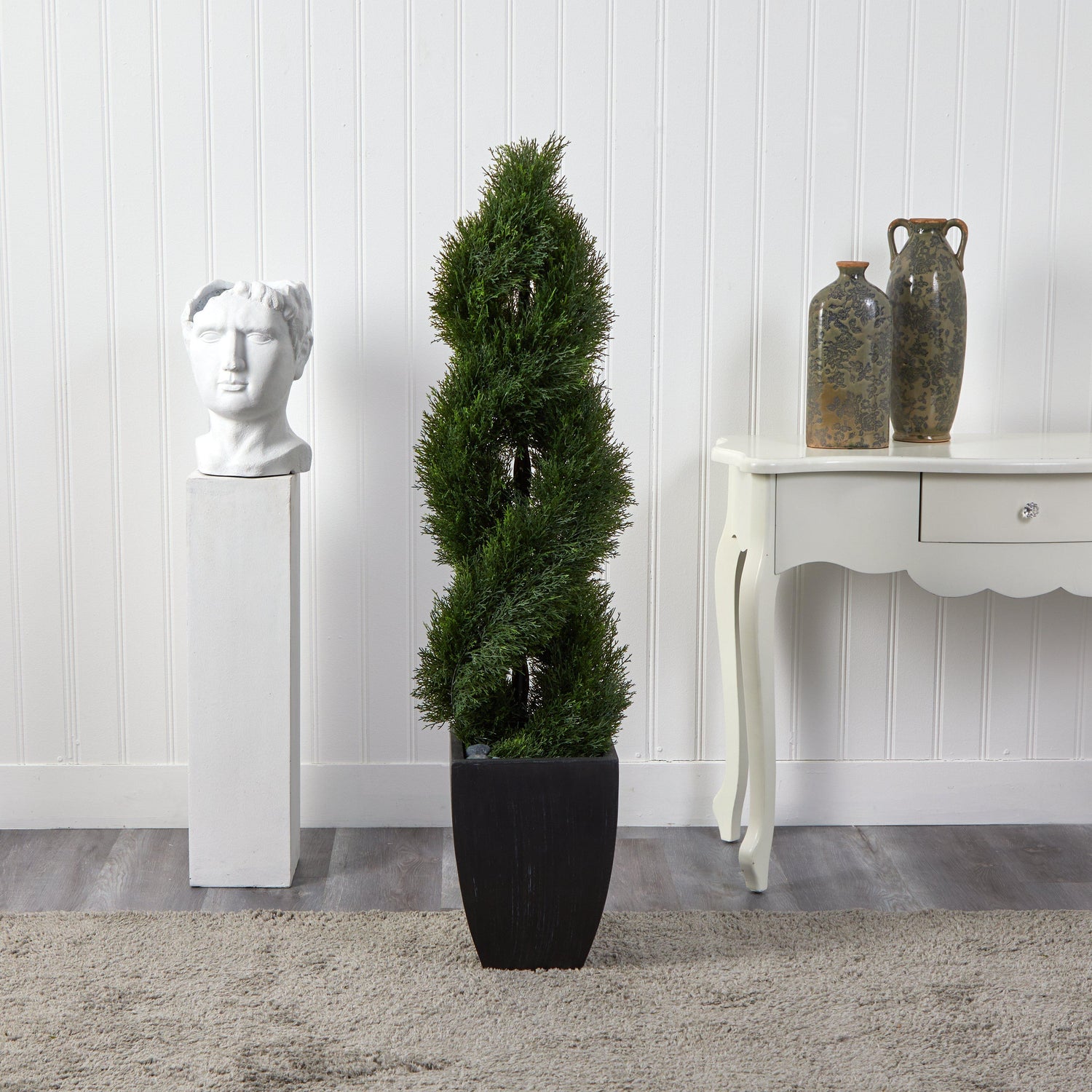 5’ Double Cypress Spiral Topiary Artificial Tree in Black Planter (Indoor/Outdoor)