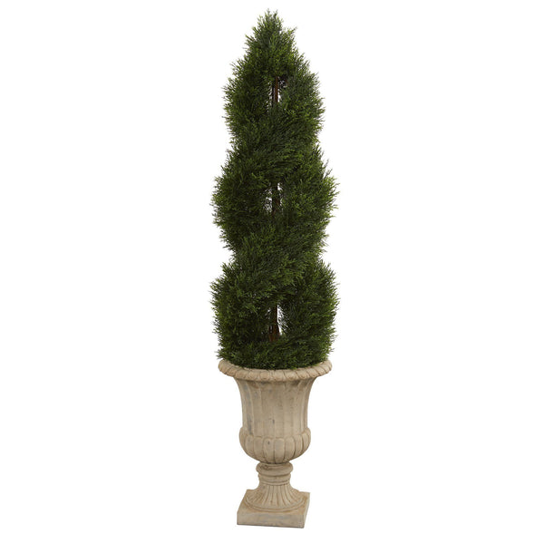 5’ Double Pond Cypress Artificial Spiral Topiary Tree in Urn UV Resistant (Indoor/Outdoor)