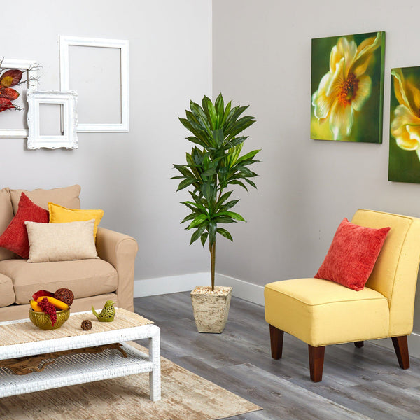 5’ Dracaena Artificial Plant in Country White Planter (Real Touch)