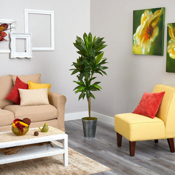 5’ Dracaena Artificial Plant in Decorative Tin Planter (Real Touch)