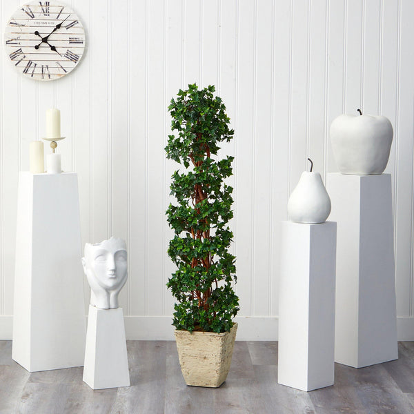 5’ English Ivy Topiary Spiral Artificial Tree in Country White Planter (Indoor/Outdoor)